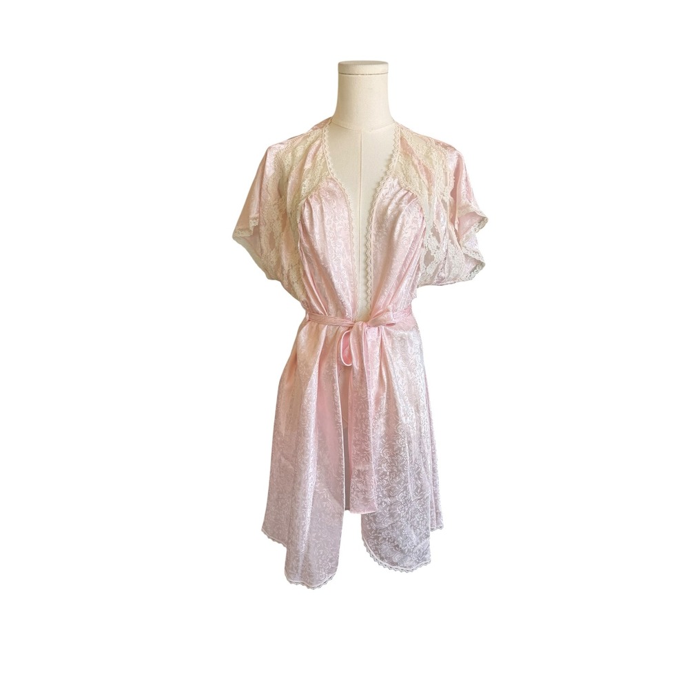 Indulgence Vintage Pink Satin Floral Jacquard Lace Trim Short Robe Medium USA